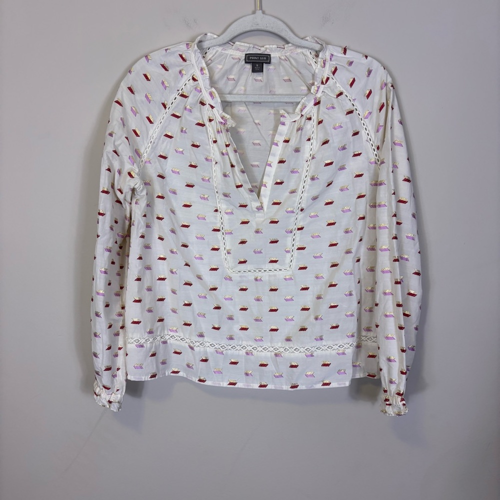 J. Crew White with Pink Patterned V Neck Blouse‎ Women's Top Small
